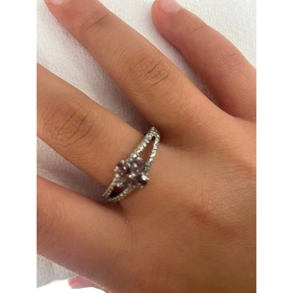 Sterling Silver Pink Flower Ring Oval Gemstone Split Shank Pavé Band Size 7
